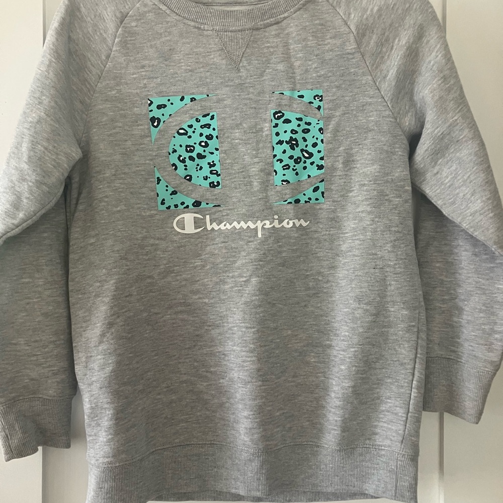 Champion Kids Gray Crewneck with Teal Pattern